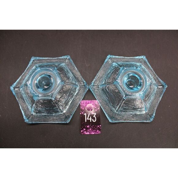 Vtg LE Smith Texture Glass Aqua Blue Hexagon Starfish Candle Holder Set of 2 - Picture 1 of 8